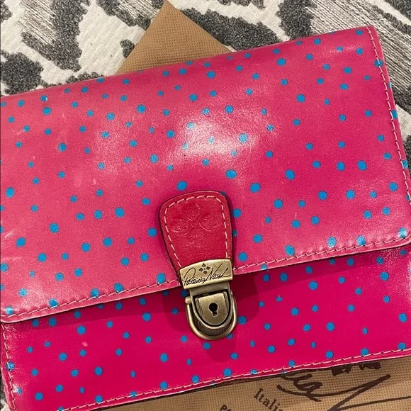 Patricia Nash Pink & Blue Polkadot Leather Purse Pinnacle Pushlock Crossbody Bag - Picture 3 of 17